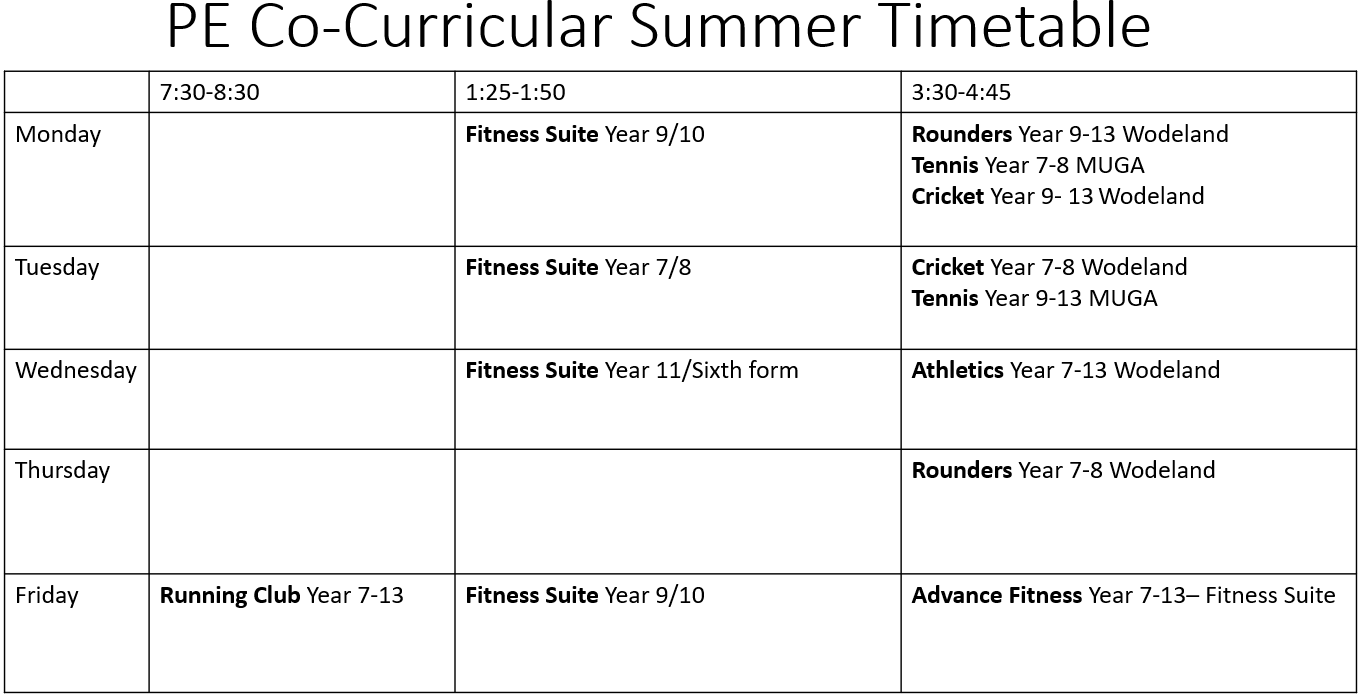 PE Co curricular Summer Timetable 2024