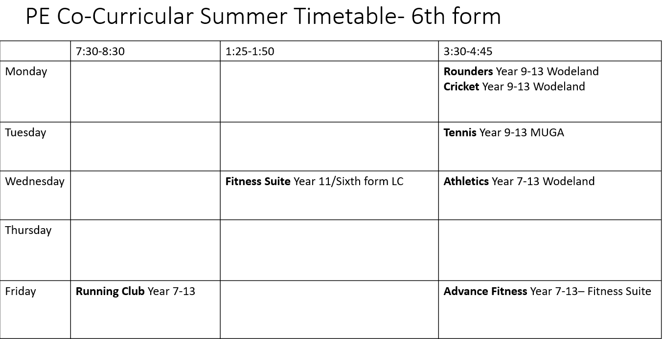 PE Co curricular Summer Timetable 2024 Sixth Form