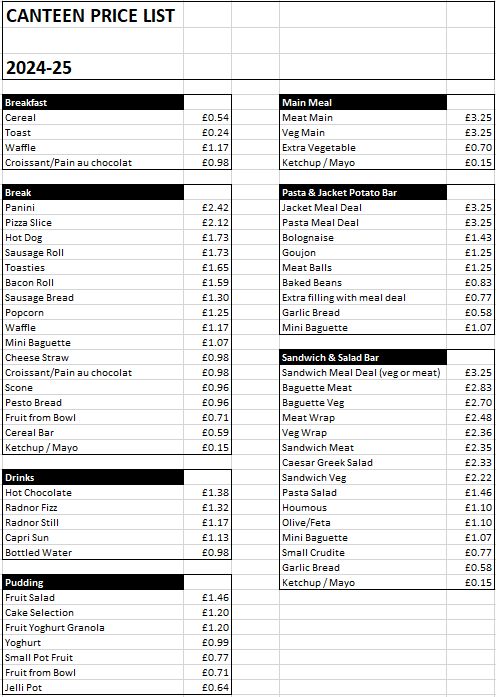 Canteen Prices 2024