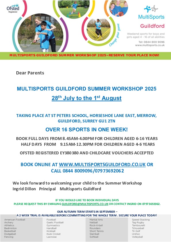 Multisports guildford summer workshop 2025 july reg drop